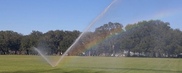 sprinkler in middle of large grassy field with trees